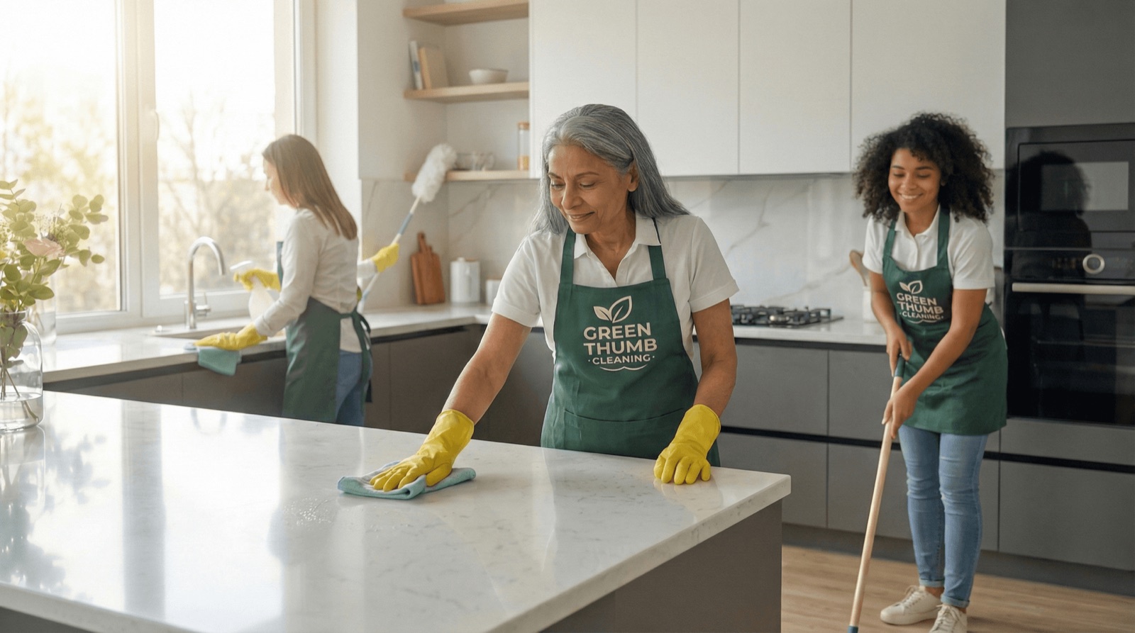 The Green Thumb Cleaning team in green aprons